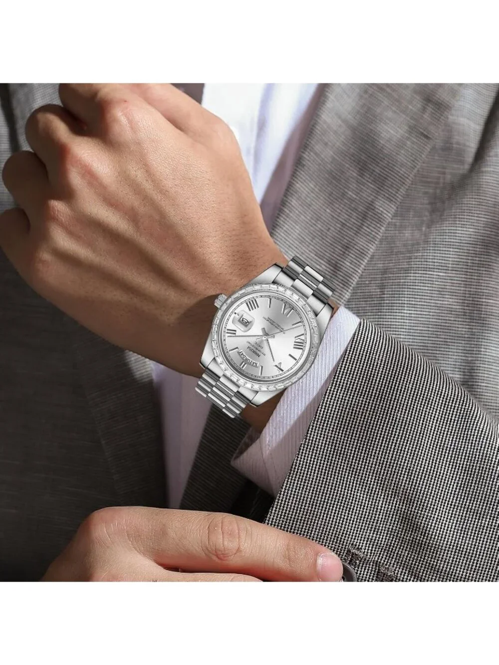 Nibosi Men's Silver Analog Quartz Diamond Bezel Stainless Steel Waterproof Watch